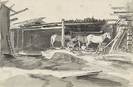 Лошадиное стойло на&nbsp;юге России, 1814&nbsp;г., карандаш, бумага (Kunstmuseum Basel).